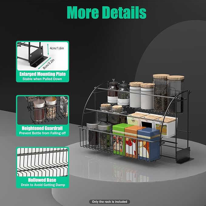 3-Tier Pull Down Cabinet Spice Rack Organizer,Metal Storage Shelf,Retractable Large Capacity Kitchen Storage Shelf Organizer for Kitchen Cabinet Cupboard Pantry, Black, LL0124-1