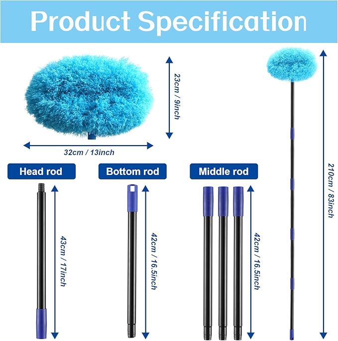 Ceiling Fan Cleaner Duster, 23 to 83 Inch Washable High Ceiling Duster, Microfiber Cleaner for Fan Blades, Furniture, Wall (Blue)