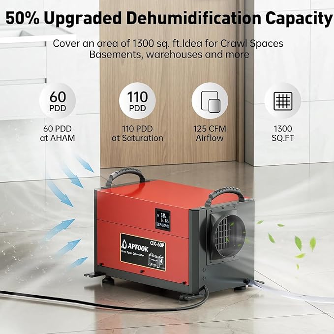 110 Pints Commercial Dehumidifier with Drain Hose, Crawl Space Dehumidifier for Water Damage Restoration, Flood Repair, Crawlspace and Basement, Red