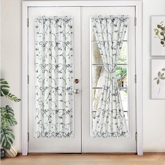 VOGOL Faux Linen Curtains for Sidelight Door, Green Vines Pattern Privacy Decorative French Door Panels for Cafe Hotel Farmhouse, 36 x 72 Inches, 1 Piece