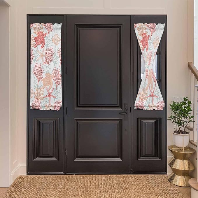 French Door Curtain Panel for Front Door, Coral Red Marine Life Sea Turtle Conch Slidelight Door Curtains with Tieback Light Filtering Privacy Panels for Doorway Entryway 25"x 40"