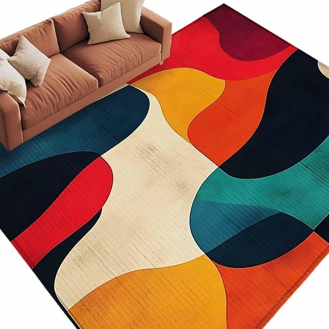 Abstract Art 6'x9' Large Area Rugs, Impressionist Red Blue Color Block Washable Area Rugs Non-Slip Indoor Floor Mats Large Carpet for Living Room Bedroom Dining Room