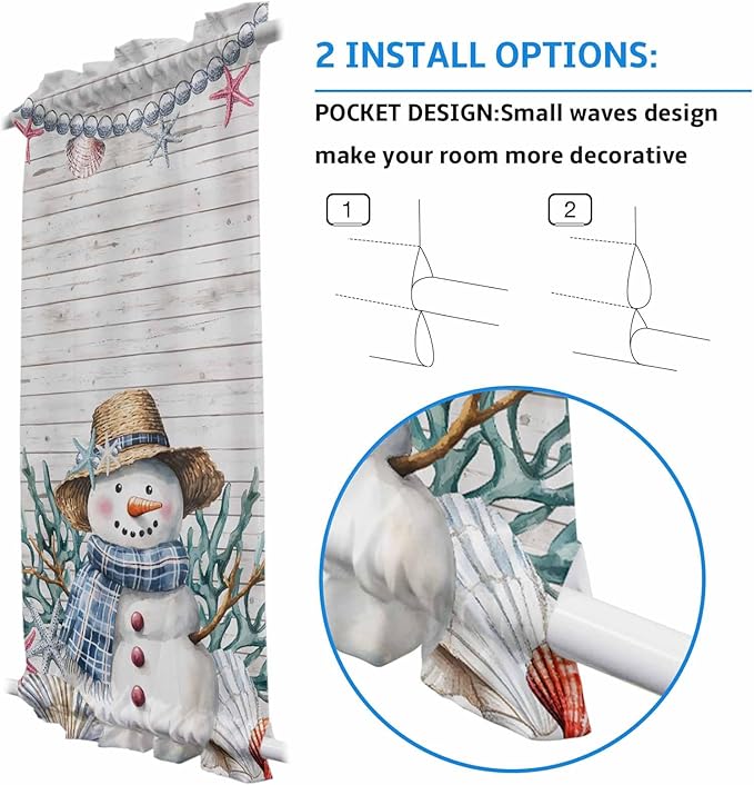 Christmas French Door Curtain for Front Door, Christmas Winter Snowman Pearl Shell Coral Starfish Board Slidelight Door Curtains with Tieback Light Filtering Privacy Panel for Entryway 25"x 40"