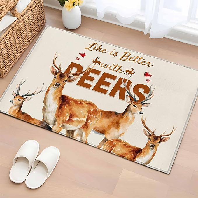 Beige Deer Entryway Rug 2'x3', Wildlife Animals Rustic Farmhouse Elk Rustic Farmhouse Small Area Rug Non-Slip Front Door Mat Washable Floor Carpet for Indoor Entrance Kitchen Bathroom