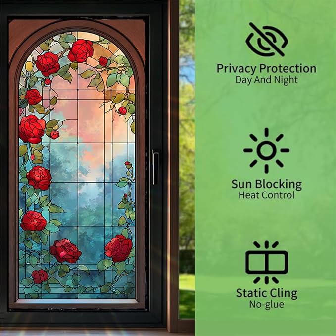 Window Privacy Film 17x39 Inch Stained Glass Rose Design Peel and Stick Static Cling Decorative Window Film for Home Office Living Room Bathroom Door Glass Covering