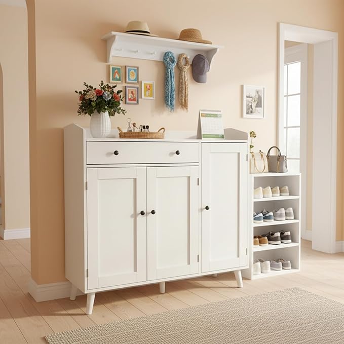 DIYART White Large Shoe Cabinet fit up to Shoe Size 16, Shoe Storage Cabinet with 3 Doors and 1 Drawer, Wooden Shoe Organizer for entryway