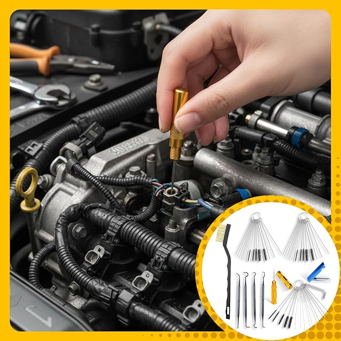 Carburetor Cleaner Kit Torch Tip Cleaner Set, Includes 1 Single Head Brush 30 Needles 15 Nylon Brushes 1 Hexagonal Wrench 1 Scraper and 4 Cleaning Hooks 1 Aluminum Case for Motorcycle ATV