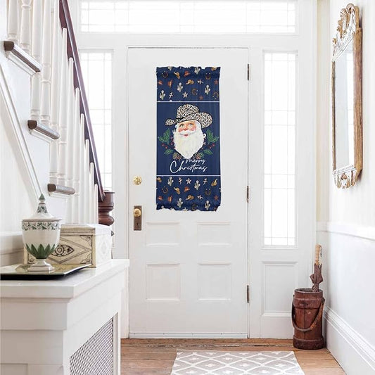 Christmas French Door Curtain Panel for Front Door, Navy Blue Leopard Cow Cowboy Hat Slidelight Door Curtains with Tieback Light Filtering Privacy Panels for Doorway Entryway 25"x 40"