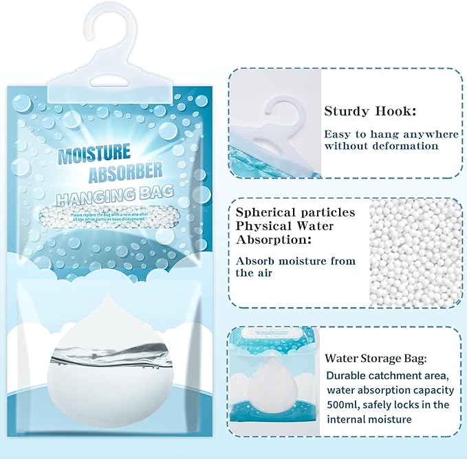 Moisture Absorbers Packets - 20 Pack Hanging Moisture Absorbers Dehumidifier Bags for Closet Bathroom Kitchen, Fragrance Free Humidity Absorber Packs, Removes Moisture & Odors