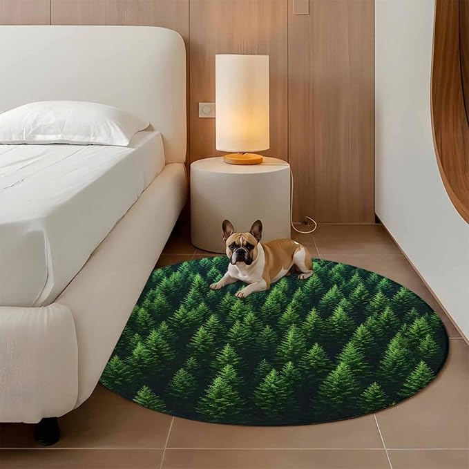 Green Forest Round Rug 4 Ft, Pine Trees Forest Landscape Style Summer Circle Area Rugs Washable Non Slip Indoor Floor Mats Carpet for Living Room Bedroom Dining Room Home Decor