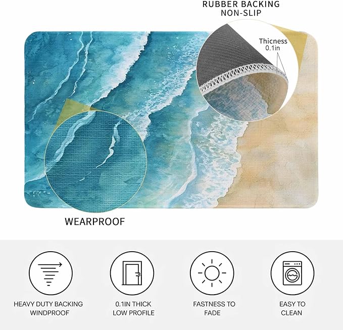 Abstract Waves Doormat Spray Blue Ocean Seaside Watercolor Non Slip Low Profile Rubber Door Mat Washable Absorbent Indoor Front Door Mat Entryway Rug Entrance Carpet 24x36 Inch