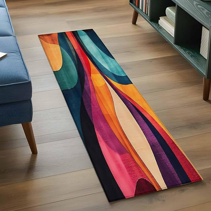Minimalist Art Runner Rug 2'x6', Abstract Yellow Blue Color Block Line Hallway Runner Rugs Washable Non-Slip Bedside Floor Mats Carpet for Kitchen Bedroom Laundry Room Bathroom