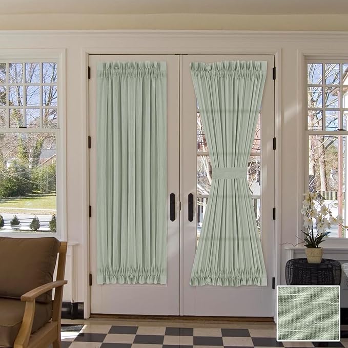 H.VERSAILTEX Linen French Door Curtains Semi Sheer Light Reducing Privacy Doors Window Cover with Tieback | Rod Pocket 1 Panel Door Shades for Glass Living Room Doorways,52" W x 72" L,Sage