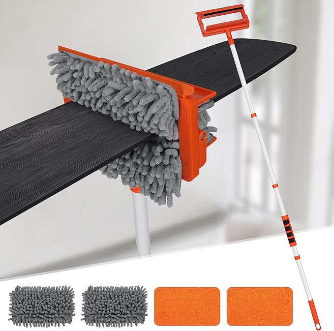 Qaestfy Ceiling Fan Cleaner Duster with 62.5‘’ Extendable Long Handle Ceiling Fan Blade Cleaning Tool, Reusable Chenille & Microfiber Mop Head for Dusting Ceiling Fan Baseboard Wall Floor