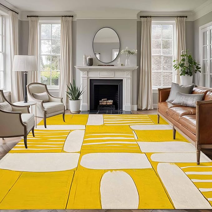Impressionist Style 9'x12' Large Area Rugs, Yellow Abstract Blurred Color Washable Area Rugs Non-Slip Indoor Floor Mats Large Carpet for Living Room Bedroom Dining Room