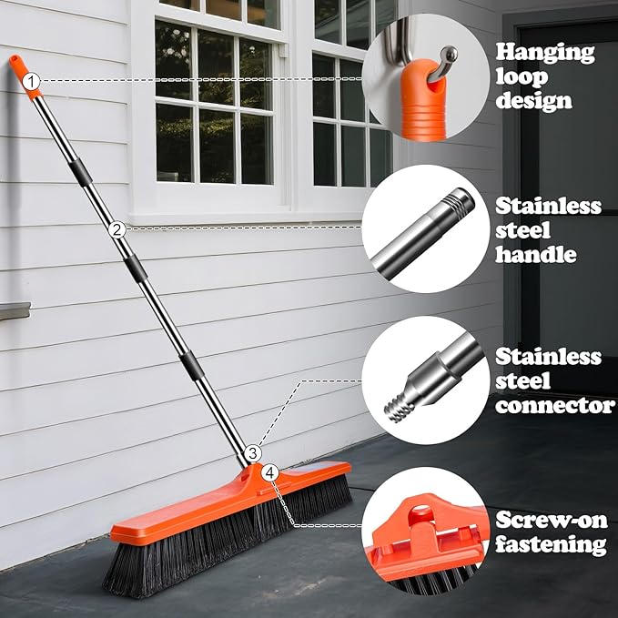 MASTERTOP 24" Push Broom Outdoor, Heavy Duty Garden Brush Broom with 58" Long Handle and Stiff Bristles,Commercial Outdoor Broom for Deck Driveway Garage Yard Patio Warehouse Concrete Floor Cleaning
