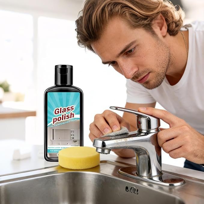 Glass Cleaner, 120ml Polishing Stain Remover with Sponge, Deep Cleaning Stain Remover, Bathroom Polisher, Remove-r Paste, Window Mirror Cleaning Solution for Limescale Tile Mirror Faucet Ceramic