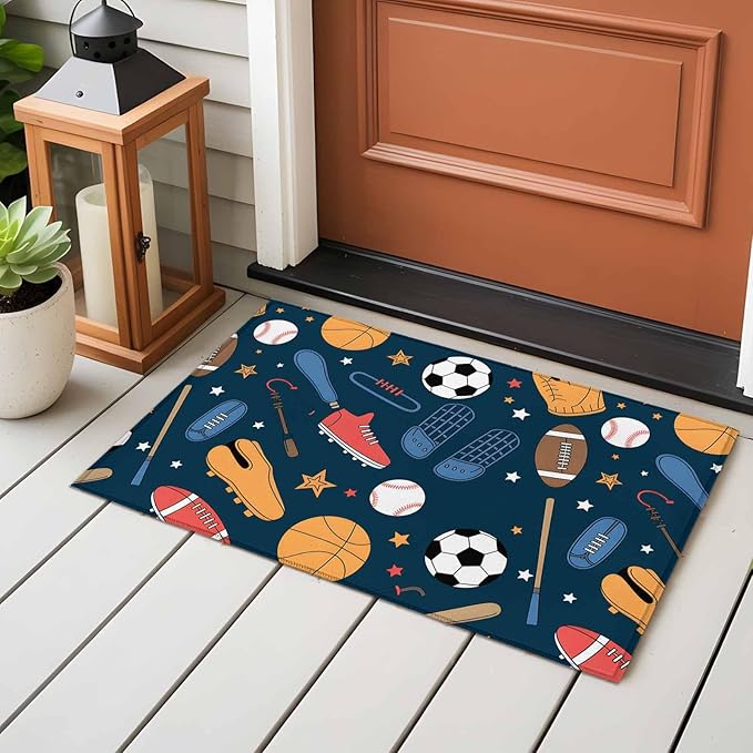Cartoon Sports Entryway Rug 2'x3', Baseball Soccer Basketball Rugby Sneakers Small Area Rug Non-Slip Front Door Mat Washable Floor Carpet for Indoor Entrance Kitchen Bathroom