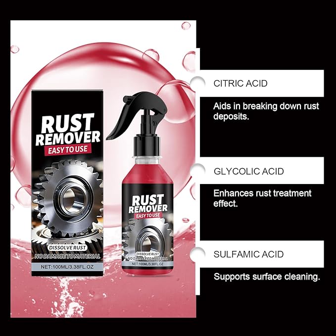 Rust Remover Spray for Metal, Heavy Duty Metal Cleaner, Multipurpose Rust Stain Remover for Vehicles, Tools, Chains, Fast-Acting Oxidation Remover, 3.38oz