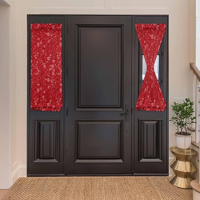 Christmas French Door Curtain Panel for Front Door, Classical Pink Red Christmas Plants Flowers Slidelight Door Curtains with Tieback Light Filtering Privacy Panels for Doorway Entryway 25"x 40"