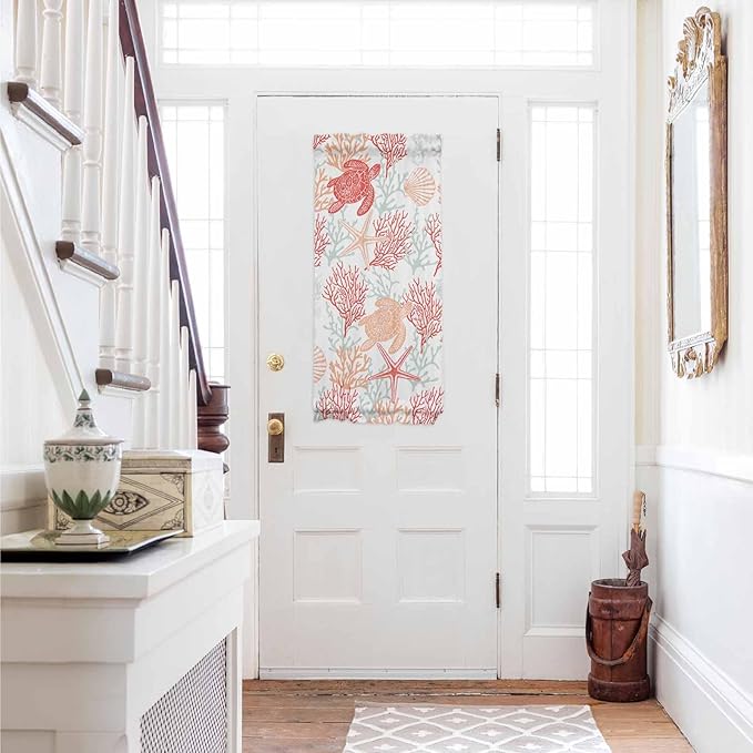 French Door Curtain Panel for Front Door, Coral Red Marine Life Sea Turtle Conch Slidelight Door Curtains with Tieback Light Filtering Privacy Panels for Doorway Entryway 25"x 40"