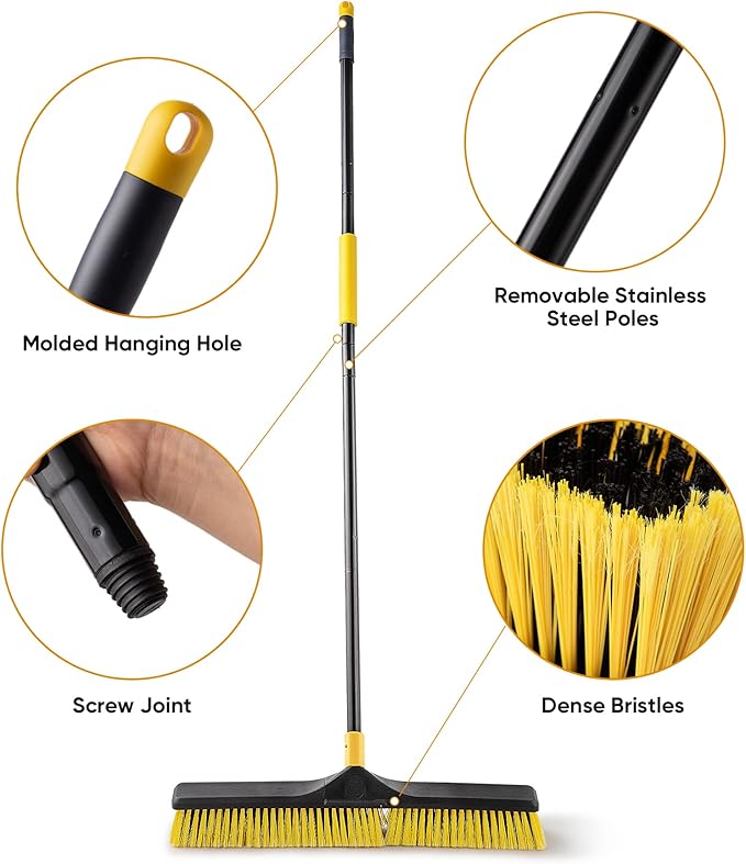 Yocada Push Broom Brush 24" Wide 65.3" Long Handle Stiff Bristles Heavy-Duty Outdoor Commercial for Cleaning Bathroom Kitchen Patio Garage Deck Concrete Wood Stone Tile Floor 3PCS