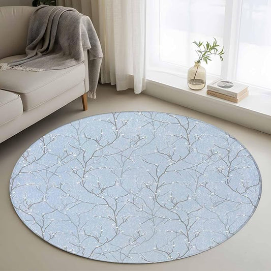 Blue Tree Branch Small Round Rug 3 Ft, Retro Classic Art Blue Tree Branches Flower Area Rugs Washable Non Slip Indoor Floor Mats Circle Carpet for Living Room Bedroom Dining Room Home Decor
