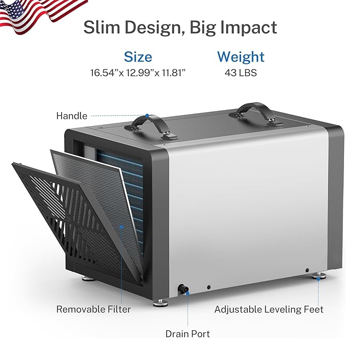 Yaufey 70 Pint Energy Star Commercial Dehumidifier for Crawl Space, Basement, Industrial, up to 5,000 Sq. Ft., 10%-98% RH Humidity Control, Auto Defrost, TUV Certified, 5-Year Coverage