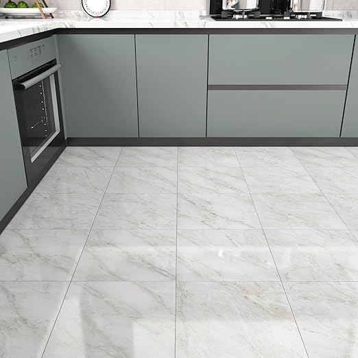 Wallercity Shiny Gray/White Marble Peel and Stick Floor Tile 12" x 12" Kitchen Bathroom Waterproof Vinyl Flooring Tiles Stick on Floor Tiles for Bedrooms Basement Linoleum Flooring Sheet Panels 6PCS