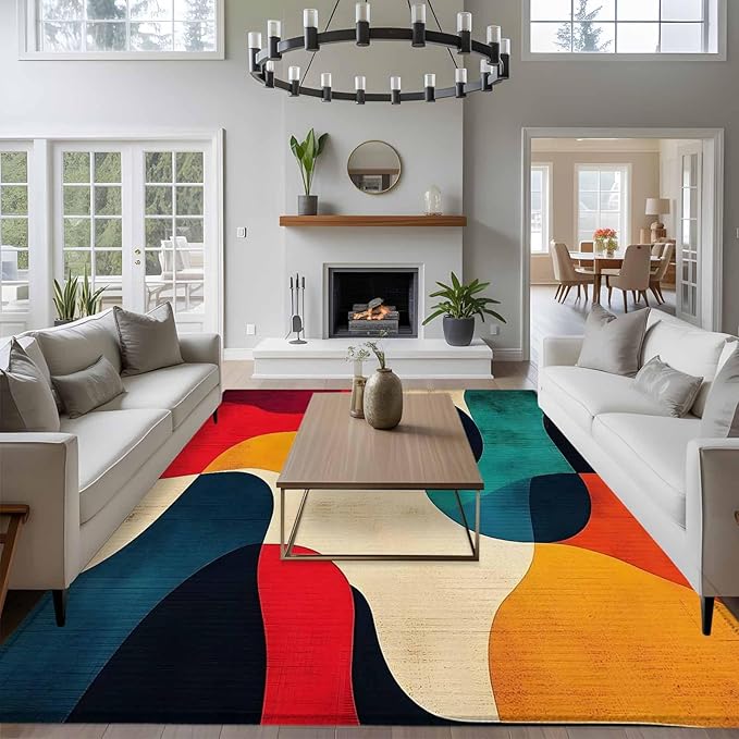 Abstract Art 9'x12' Large Area Rugs, Impressionist Red Blue Color Block Washable Area Rugs Non-Slip Indoor Floor Mats Large Carpet for Living Room Bedroom Dining Room