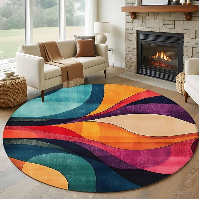 Minimalist Art Large Round Rug 8Ft, Abstract Yellow Blue Color Block Line Circle Area Rugs Washable Non Slip Indoor Floor Mats Carpet for Living Room Bedroom Dining Room Home Decor