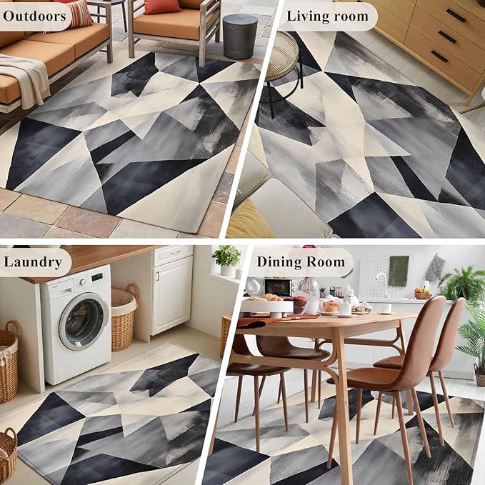 Color Block 4'x6' Area Rugs, Modernism Blue Beige Line Abstract Art Washable Area Rugs Non-Slip Indoor Floor Mats Carpet for Living Room Bedroom Dining Room