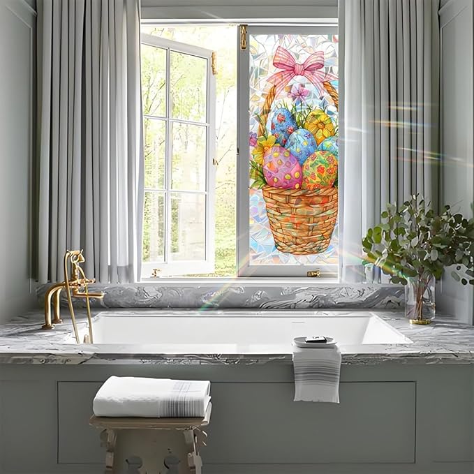 Easter Window Privacy Film 39.4 x 17.3 Inch PVC Easter Egg Basket Window Crescent Texture Decorative Glass Covering with Sunlit Glossy Shine for Bathroom Kitchen Living Room Privacy Accent