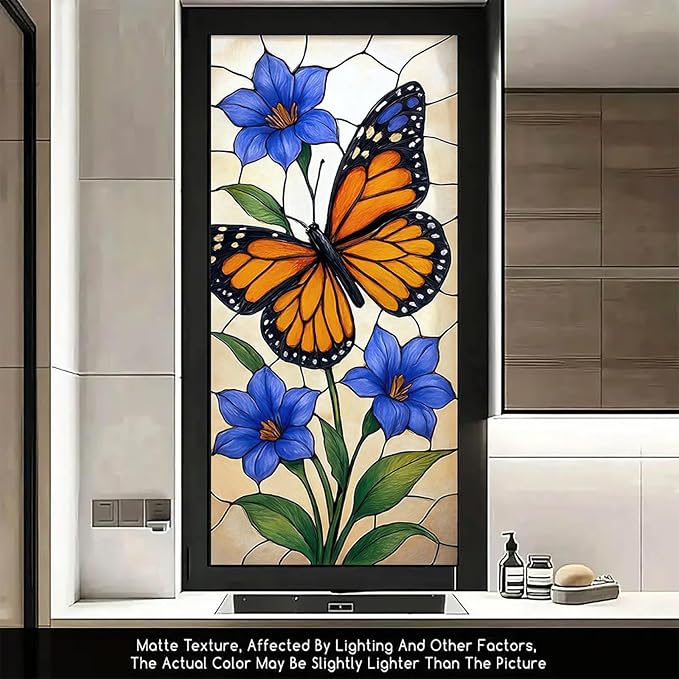 Butterfly Blue Flower Privacy Film Stained Glass Style Static Cling No Glue Decorative Panel Light Filtering for Door Window Kitchen 17.7x39.3 inch