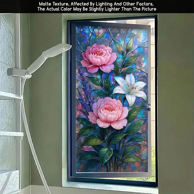 Peony Lily Window Film Dreamy Stained Glass Style Privacy Panel Static Cling No Glue Decorative Cover for Bedroom Door Studio Vanity 17.7x39.3 inch