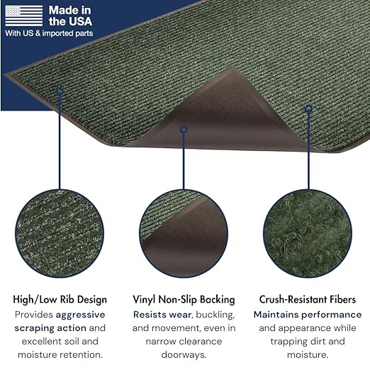 Notrax Heritage Rib™ Commercial Indoor Door Mat Office Rugs – 4' x 6' Huntergreen Front Door Mat with Double Rib 22oz Yarn, Non-Slip Vinyl Backing – Durable Entryway Rug Made in The USA – 117S0046GN