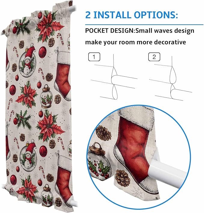 Christmas French Door Curtain Panel for Front Door, Pine Branch Cones Red Xmas Sock Ornaments Snowman Slidelight Door Curtains with Tieback Light Filtering Privacy Panels for Entryway 25"x 40"