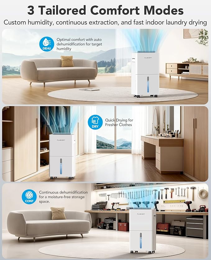 PLUSCENT 1500 Sq.ft Dehumidifier for Basement with Drain Hose, 21 Pint/Day Dehumidifiers for Home, Bathroom, Bedroom, Large Room, Smart Humidity Control, 3 Modes, Auto Defrost, Auto Restart, 24H Timer