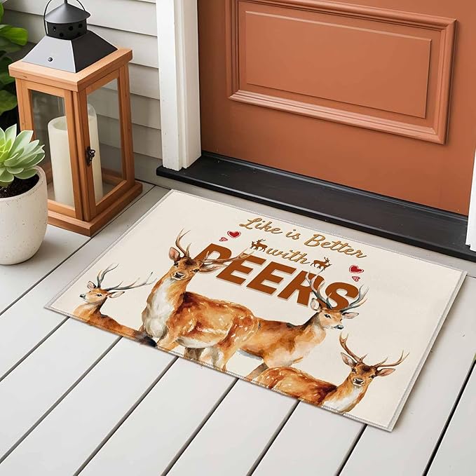 Beige Deer Entryway Rug 2'x3', Wildlife Animals Rustic Farmhouse Elk Rustic Farmhouse Small Area Rug Non-Slip Front Door Mat Washable Floor Carpet for Indoor Entrance Kitchen Bathroom