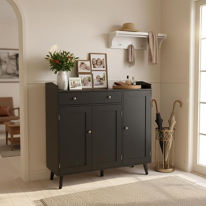 DIYART Black Large Shoe Cabinet fit up to Shoe Size 16, Shoe Storage Cabinet with 3 Doors and 1 Drawer, Wooden Shoe Organizer for entryway