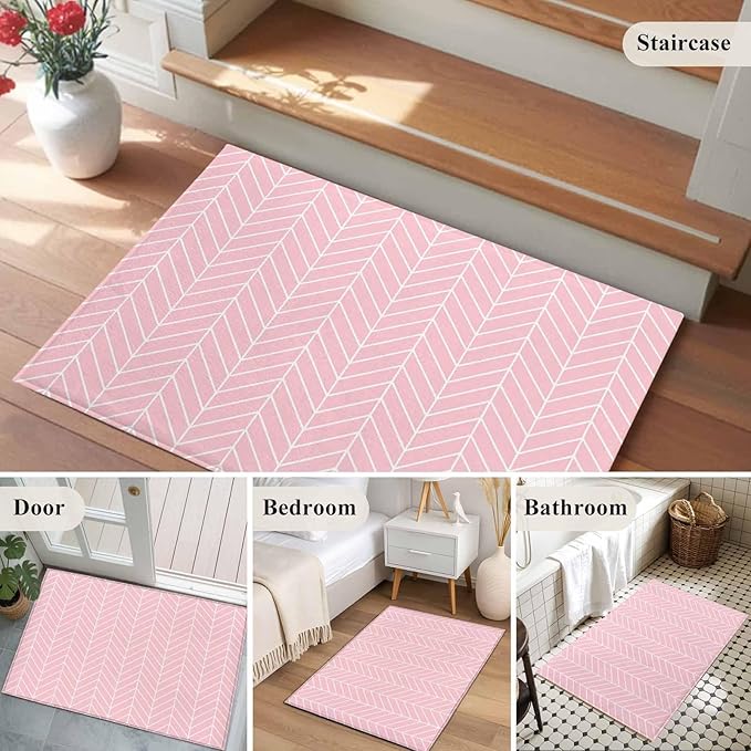 Pink Herringbone Stripes Entryway Rug 2'x3', Modern Abstract Geometric Pink Simple Lines Small Area Rug Non-Slip Front Door Mat Washable Floor Carpet for Indoor Entrance Kitchen Bathroom