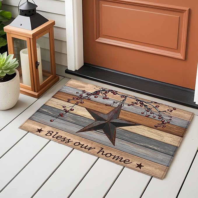 Country Stars Entryway Rug 2'x3', Vintage Rust Black Star Berry Brown Light Blue Wood Grain Small Area Rug Non-Slip Front Door Mat Washable Floor Carpet for Indoor Entrance Kitchen Bathroom