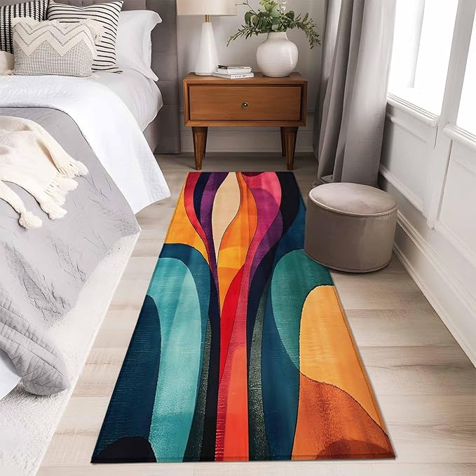 Minimalist Art Runner Rug 2'x6', Abstract Yellow Blue Color Block Line Hallway Runner Rugs Washable Non-Slip Bedside Floor Mats Carpet for Kitchen Bedroom Laundry Room Bathroom