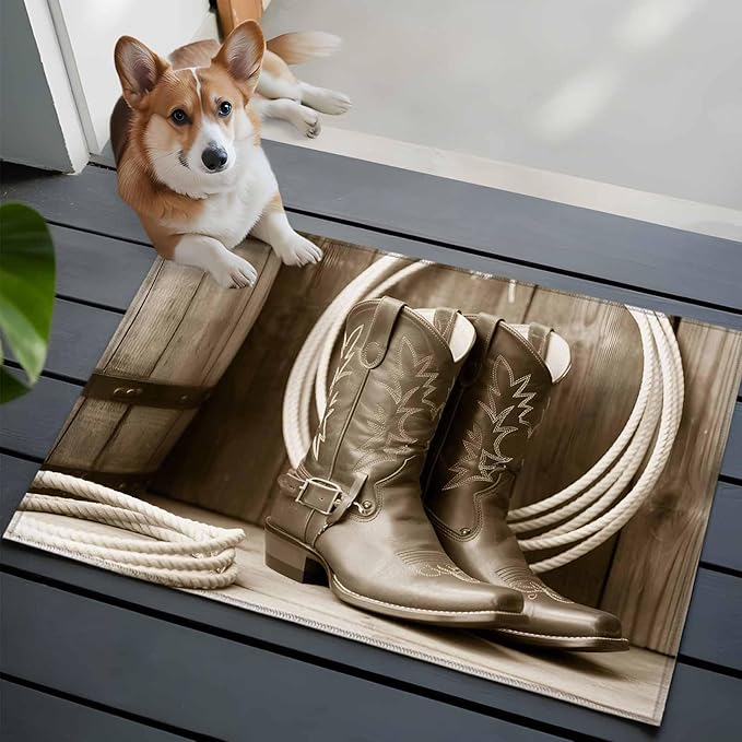 Western Cowboy Entryway Rug 2'x3', Vintage Countryside Cowboy Boots Ropes Small Area Rug Non-Slip Front Door Mat Washable Floor Carpet for Indoor Entrance Kitchen Bathroom