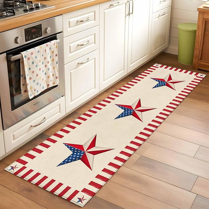 Farmhouse American Flag Pentagram Runner Rug 2'x6', Hallway Runner Rugs Washable Non-Slip Bedside Floor Mats Carpet for Kitchen Bedroom Laundry Room Bathroom