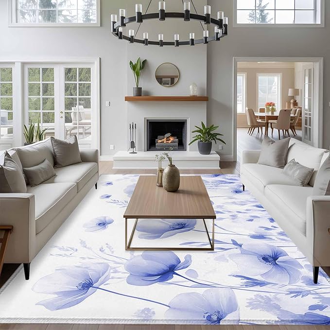 Flower 8'x10' Large Area Rugs, Blue Washable Area Rugs Non-Slip Indoor Floor Mats Large Carpet for Living Room Bedroom Dining Room