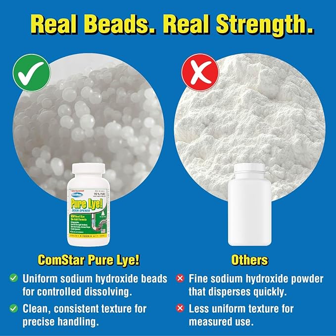 ComStar Pure Lye 1 lb - Unique Sodium Hydroxide Beads | Drain Opener & Soap Making | Biodegradable, Eco-Friendly (Pack of 12)