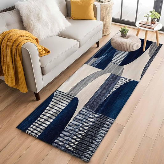 Modernism Runner Rug 2'x6', Blue White Geometric Abstract Design Hallway Runner Rugs Washable Non-Slip Bedside Floor Mats Carpet for Kitchen Bedroom Laundry Room Bathroom