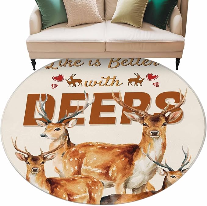 Beige Deer Large Round Rug 8Ft, Wildlife Animals Rustic Farmhouse Elk Rustic Farmhouse Circle Area Rugs Washable Non Slip Indoor Floor Mats Carpet for Living Room Bedroom Dining Room Home Decor