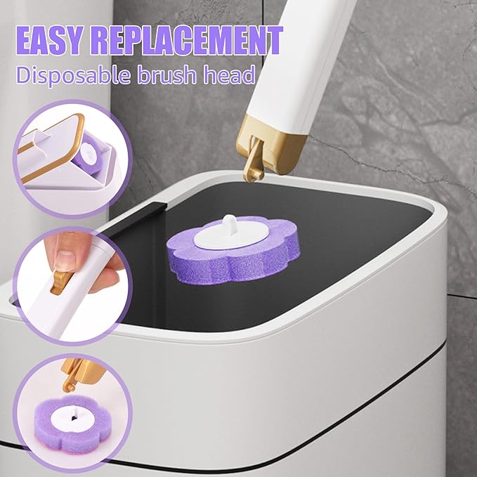 Disposable Toilet Brush Refills, Wall Mount Toilet Bowl Brush, Toilet Wand Refills with Extended Handle Cleaning Set, 360° Cleaning Toilet Brush Grip Suitable for Bathrooms (White Brush+18 Refills)